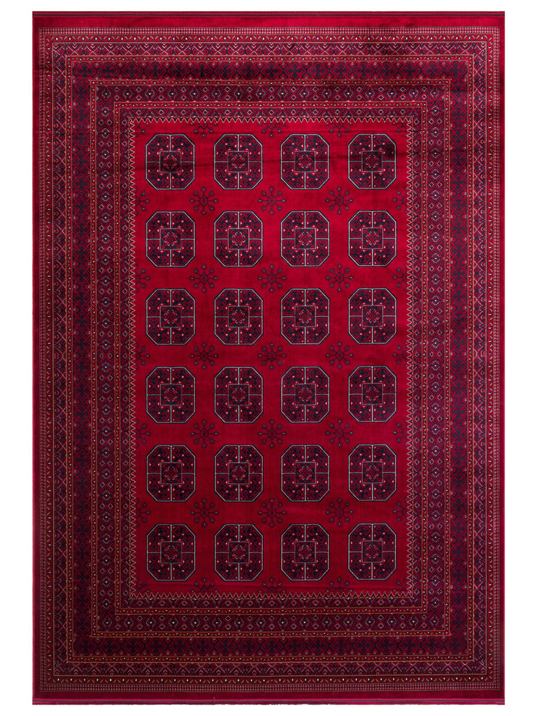 Paghman Series Afghan Patterned Viscose Dense Woven Non-Slip Based Thin Machine-Made Carpet 02 RED