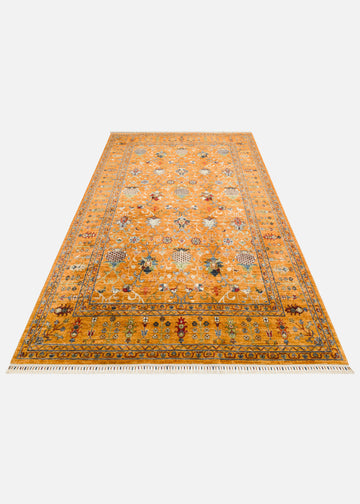 El dokuma Afgan halı hardal sarısı gül buketli serpme çiçek 205x299 cm stüdyo çekimi