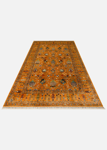 El dokuma Afgan halı hardal sarısı gül buketli serpme çiçek 205x299 cm stüdyo çekimi
