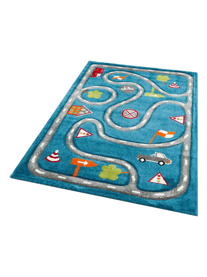 Carpetdocia Kids Eğlenceli Araba Yarışı Temalı Çocuk Halısı 19 BLUE GREY - Carpetdocia