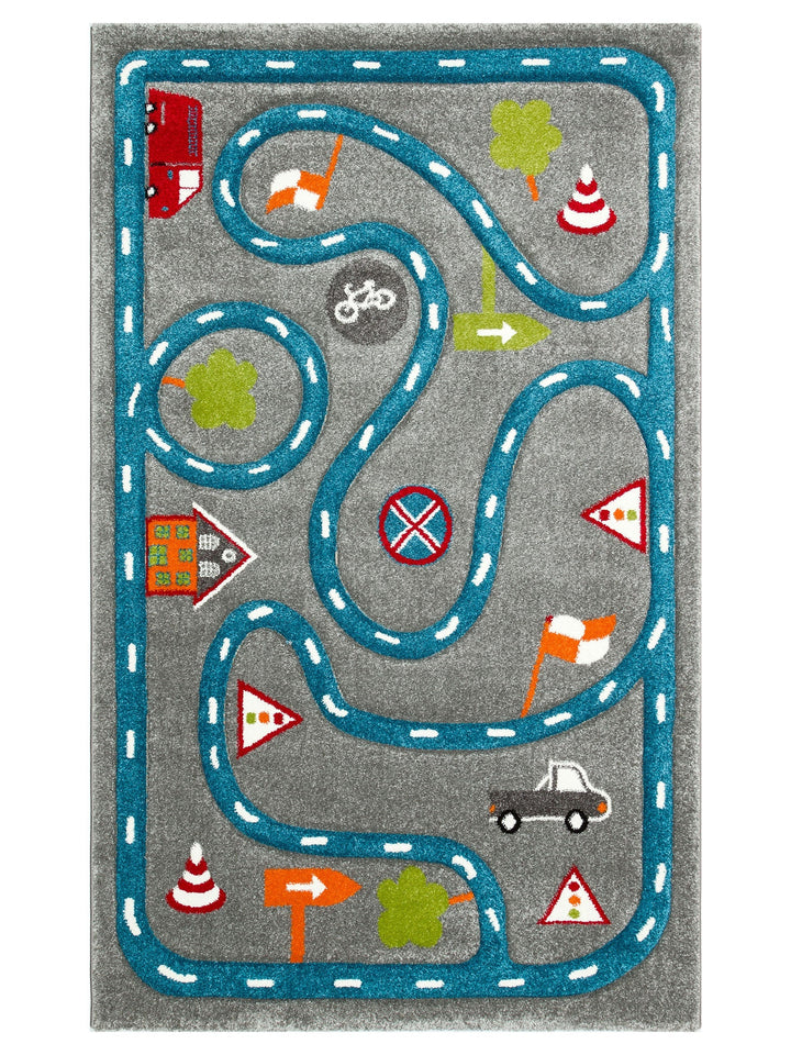 Carpetdocia Kids Eğlenceli Araba Yarışı Temalı Çocuk Halısı 19 GREY BLUE - Carpetdocia