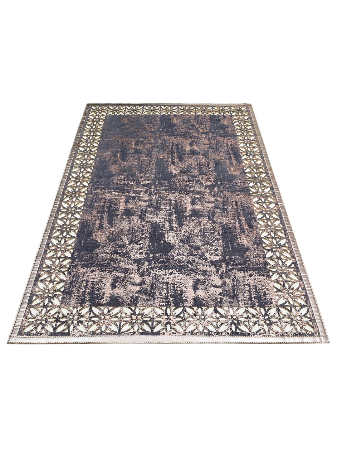 Gravür Klasik Ve Modern İşleme ve Oymaya Sahip Parlak Bordürlü Suni Deri Halı 03 MARINEBRONZE - Carpetdocia