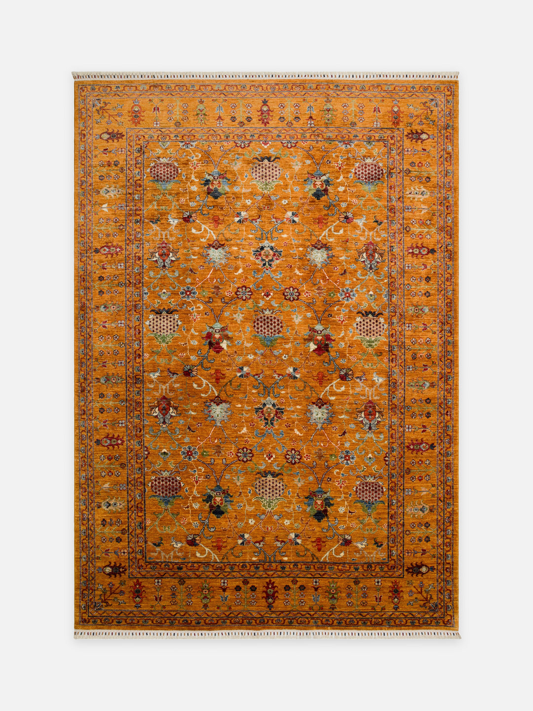 El dokuma Afgan halı hardal sarısı gül buketli serpme çiçek 205x299 cm kuşbakışı tam görünüm