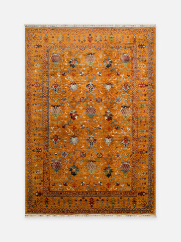 El dokuma Afgan halı hardal sarısı gül buketli serpme çiçek 205x299 cm kuşbakışı tam görünüm