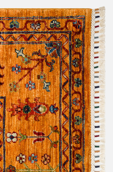 El dokuma Afgan halı hardal sarısı gül buketli serpme çiçek 205x299 cm kenar ve saçak detayı
