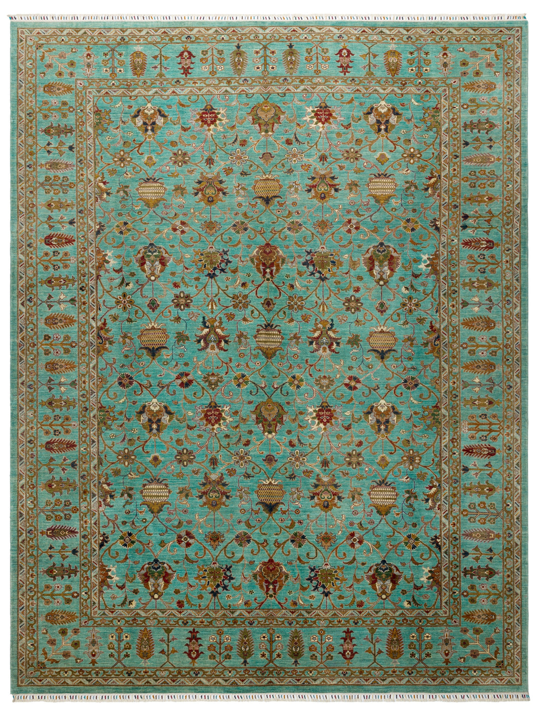 El dokuma Afgan halı turkuaz Şah Abbas palmet rozet kuşbakışı 301x394 cm