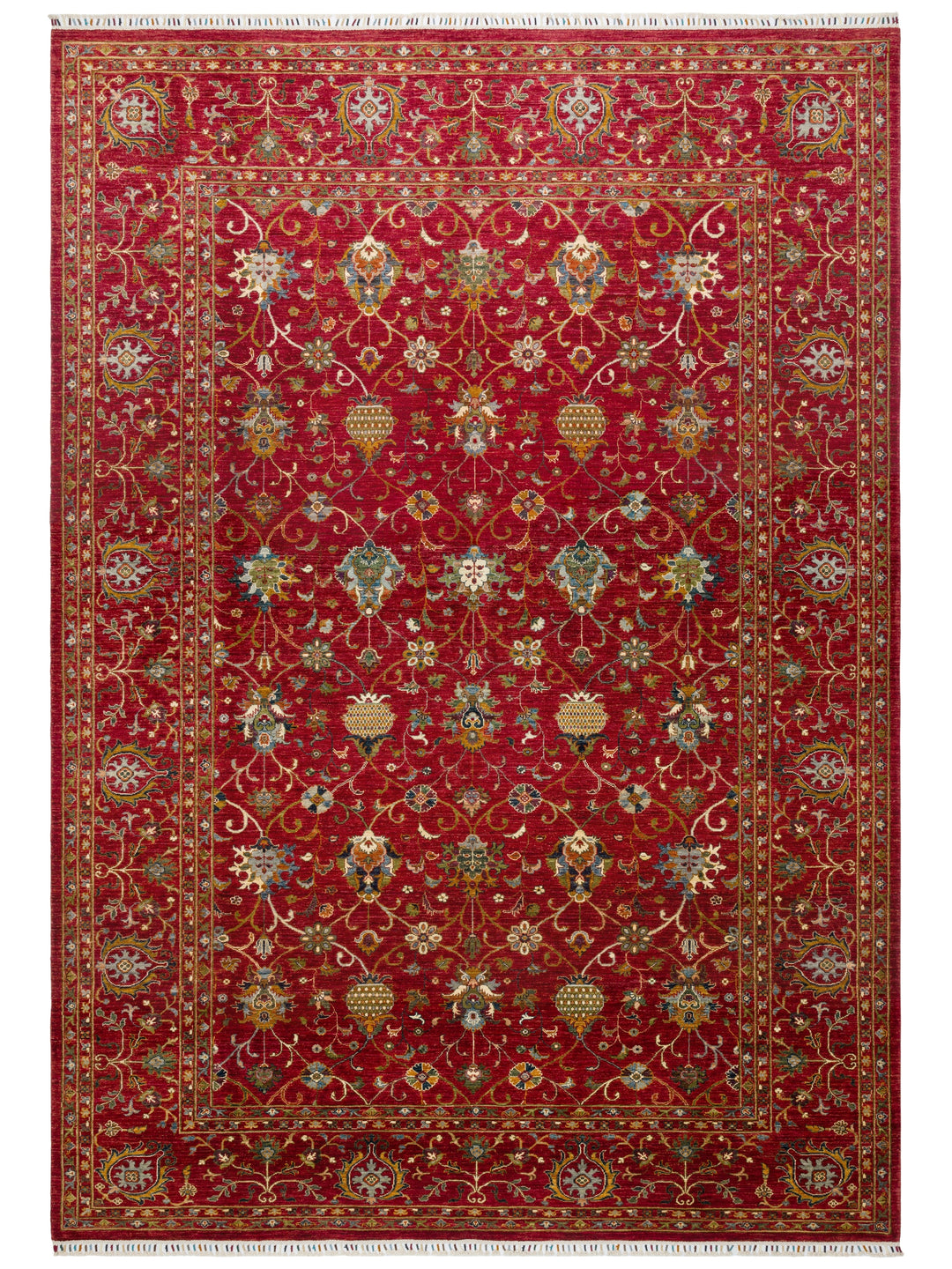 El dokuma Afgan halı kırmızı Şah Abbas palmet rozet kuşbakışı 278x382 cm