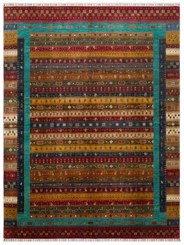 El dokuma Afgan halı çok renkli khorjin çizgili kuşbakışı 277x368 cm