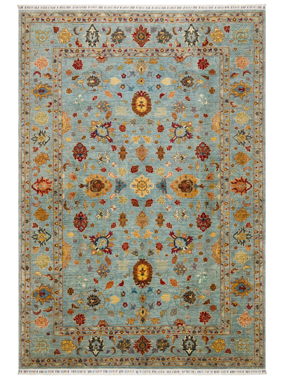 El dokuma Afgan halı açık petrol mavisi Şah Abbas palmet rozet kuşbakışı 245x351 cm