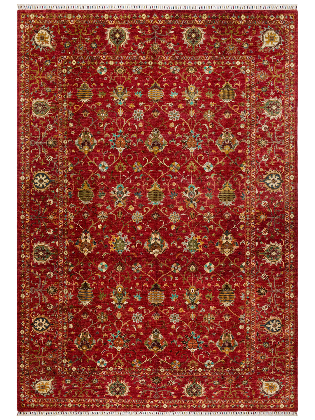 El dokuma Afgan halı kırmızı Şah Abbas palmet rozet kuşbakışı 276x378 cm