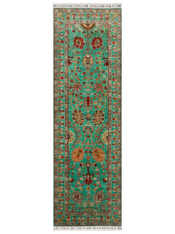 El dokuma Afgan halı turkuaz bitkisel desen 81x251 cm