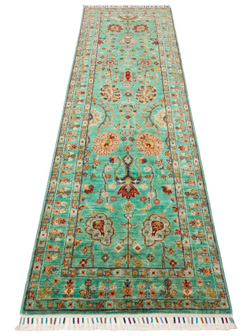 El dokuma Afgan halı turkuaz bitkisel desen 81x251 cm