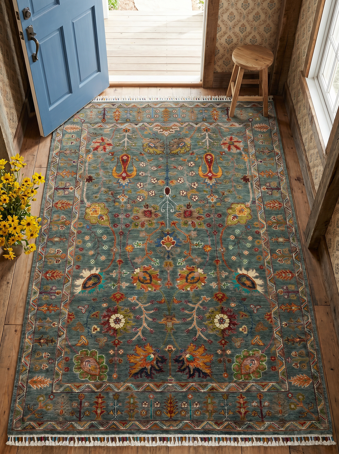 Afghan Chobi Ziegler Handwoven Carpet Single Piece Tree of Life Motif Green