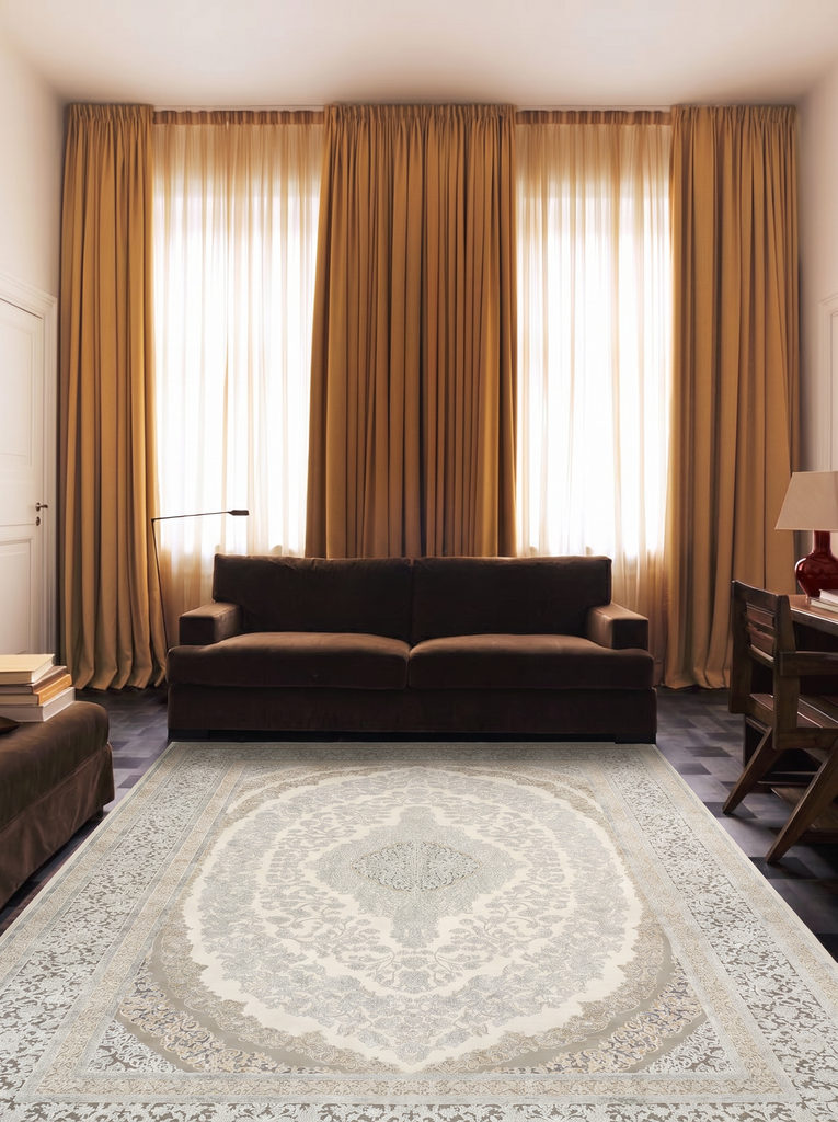 Tapis de salon brillant à tissage serré de haute qualité à motif classique série Mumbai 08 CRÈME GRIS