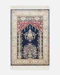 Topkapı-Gebetsteppich, klassischer Musterdessin, hochwertiger, besonders glitzernder Geschenk- und Aussteuer-Gebetsteppich 01 MARINEBLAU